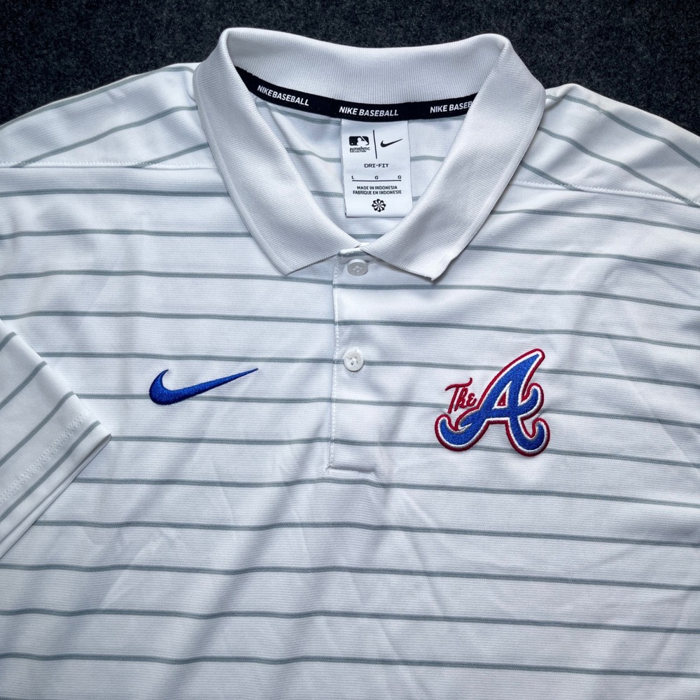 Nike Polo Shirt Mens Large White Excellent Atlanta Braves MLB Dri-FIT Striped